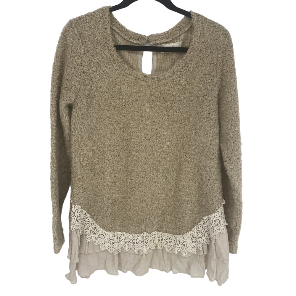 A'reve state open knit crawneck women L tan lace hem long sleeve sweater